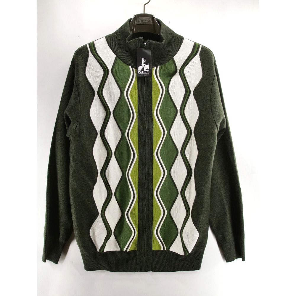 NWT Inserch Limited Edition Full Zip Sweater Mens XL Forest Green Wavy Knit
